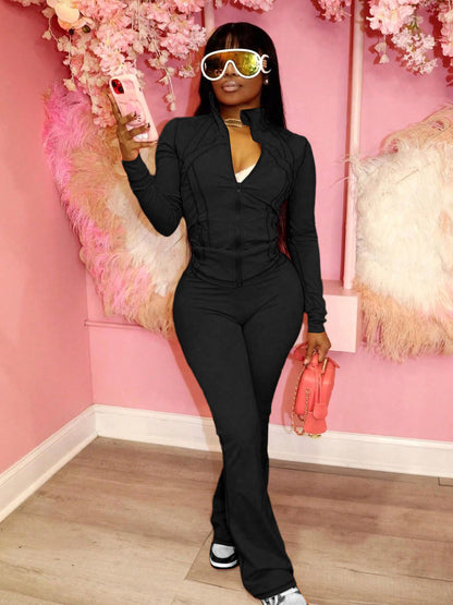 S391382 European and American Sports Casual Women's Clothing Cross-Border Supply Sexy Tight-Fitting Long-Sleeved Micro-Flared Two-Piece Set