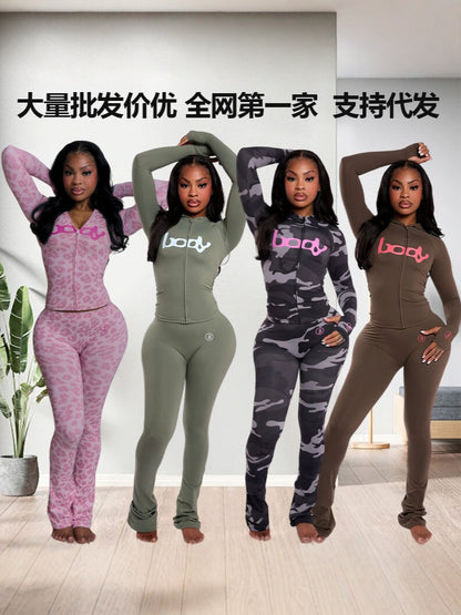 2025 Autumn New European and American Cross-Border Versatile Sexy Letter Print Hooded Long Sleeve Cardigan Top and Pants Set
