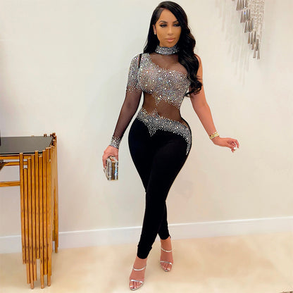 S390212 Aliexpress Cross-Border Foreign Trade Fashion Sexy Mesh See-Through Hot Diamond Pants Long-Sleeved Jumpsuit for Women