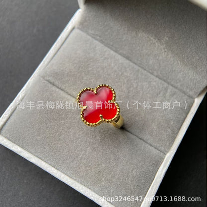Fanjia Ins High-Version Four-Leaf Clover with Diamond Christmas Lucky Four-Leaf Clover Ring White Fritillary Peacock Green Manufacturers Send on Behalf.