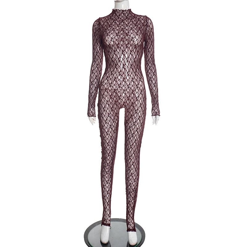 Y24JP659 European and American style cross-border autumn and winter women's high collar lace sexy hollow perspective net stockings zipper jumpsuit