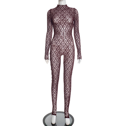 Y24JP659 European and American style cross-border autumn and winter women's high collar lace sexy hollow perspective net stockings zipper jumpsuit