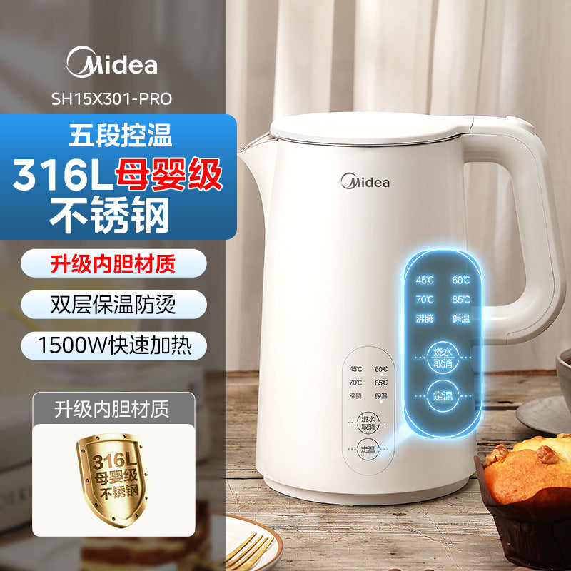 Midea Constant Temperature Electric Water Kettle Household 316L Stainless Steel Thermal Insulation Fully Automatic Intelligent Burning Sh15X301 Anti-Scalding