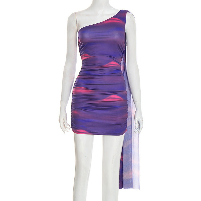 Q26ds011 European and American Style Cross-Border Women's Clothing Spring and Summer Oblique Collar One-Shoulder Ribbon Sleeveless Printed Slim-Fit Sheath Dress