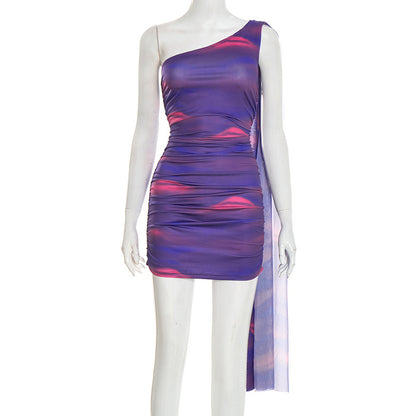 Q26ds011 European and American Style Cross-Border Women's Clothing Spring and Summer Oblique Collar One-Shoulder Ribbon Sleeveless Printed Slim-Fit Sheath Dress