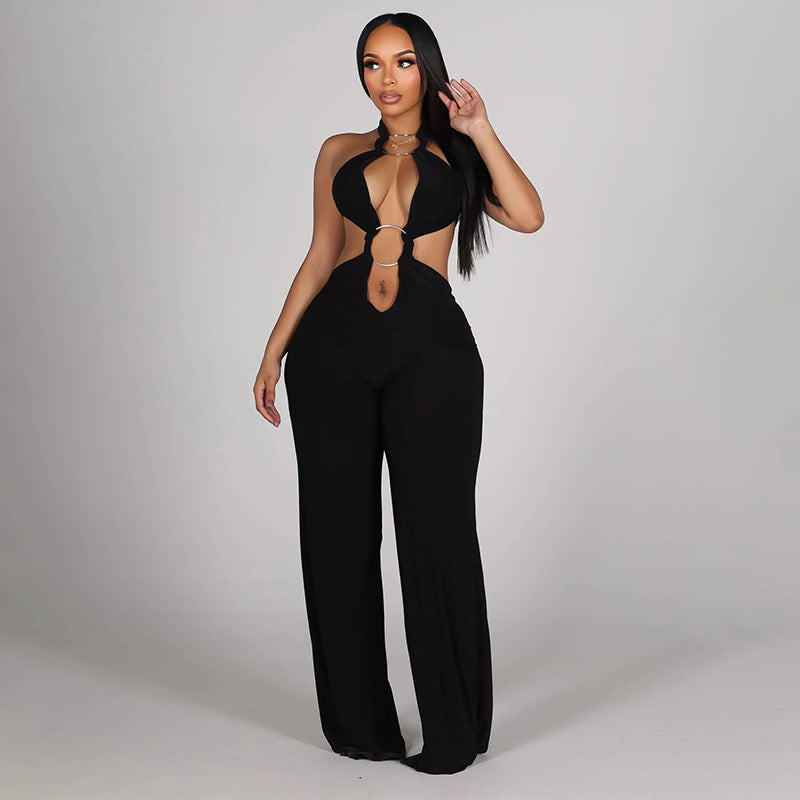 J26jp085 European and American Style Cross-Border Women's Clothing Spring and Summer Halter Backless Ring Stitching Hollow Pleated Wide-Leg Jumpsuit