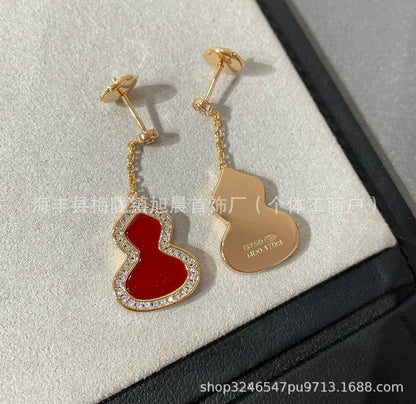 Kirin Gourd Earrings Ins Trendy 18k Rose Plated Gold Earrings Long Earrings Red Agate Earrings Medium Light Luxury