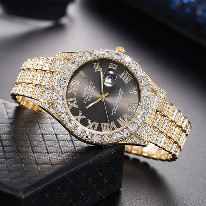 Internet Celebrity Watch Men's High-End Full Diamond Cross-Border Steel Band Fashion Rhinestone Calendar Quartz Watch Starry Men's Watch