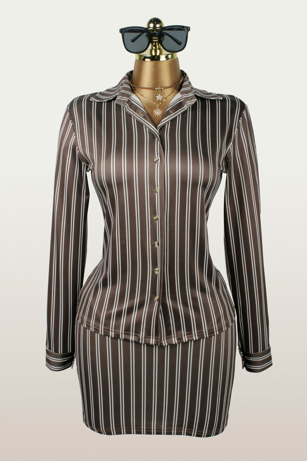 European and American New Cross-Border Fashion Ins Retro Trendy Color-Block Striped Long-Sleeve Lapel Top and Hip-Hugging Short Skirt Set