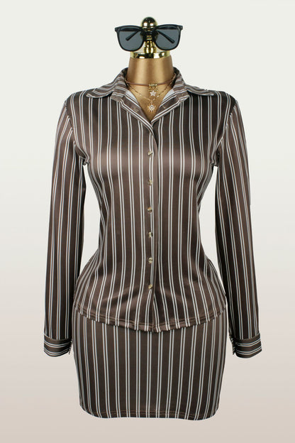 European and American New Cross-Border Fashion Ins Retro Trendy Color-Block Striped Long-Sleeve Lapel Top and Hip-Hugging Short Skirt Set