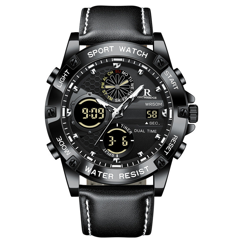 Ruizhiyuan Cross-Border New Double Display Men's Leather Watch Student Trend Waterproof Electronic Watch Wholesale