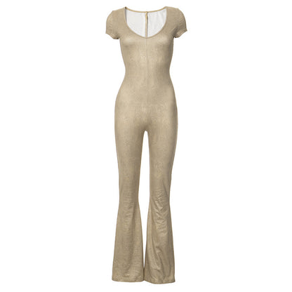 K23JP620 European and American Women's Clothing Spring New Solid Color U-Shaped Collar Short-Sleeved Waist Hip-Lifting Flared Pants Jumpsuit