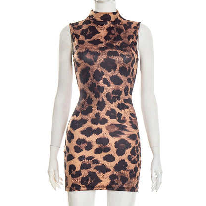 J26ds004 European and American Cross-Border Women's Clothing Spring and Summer Half Turtleneck Printed Sleeveless Waist Slim Sheath Short Dress