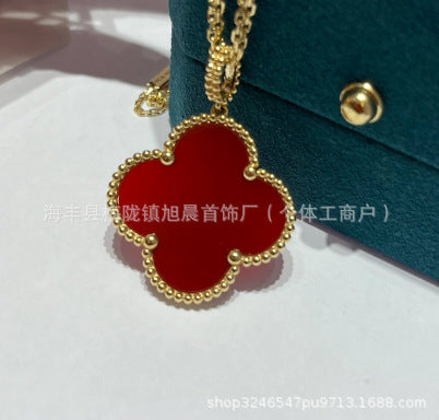Latest Product 2025 Fanjia Four-Leaf Necklace 15mm Carnelian White Mother-Of-Pearl Pendant Clavicle Chain Couple Gift Fashion