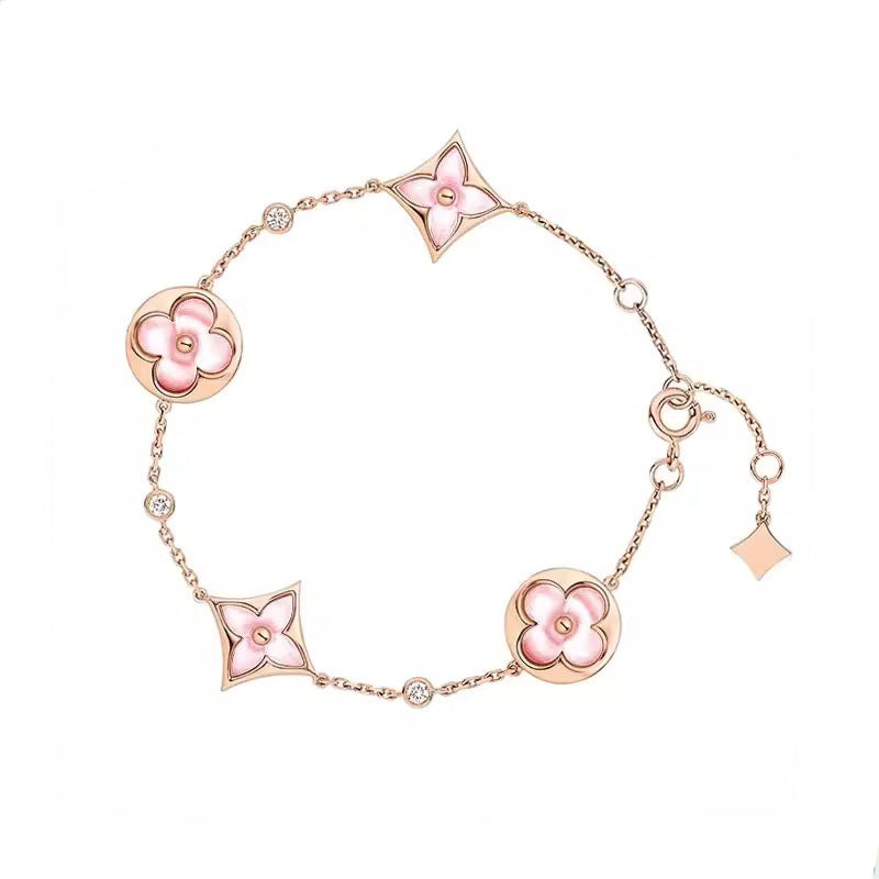 Donkey Home Top Diamond V Gold Four-leaf Clover Five-flower Bracelet V No Falling White Fritillaria Five-flower Bracelet Net Red OL Same Style
