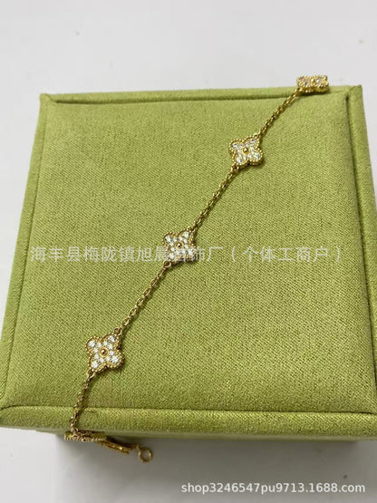 High Version Fanjia Four-Leaf Clover 6 Small Flower Bracelet Cnc Precision Natural Carnelian Lucky Bracelet V Gold Plated 18K Gold