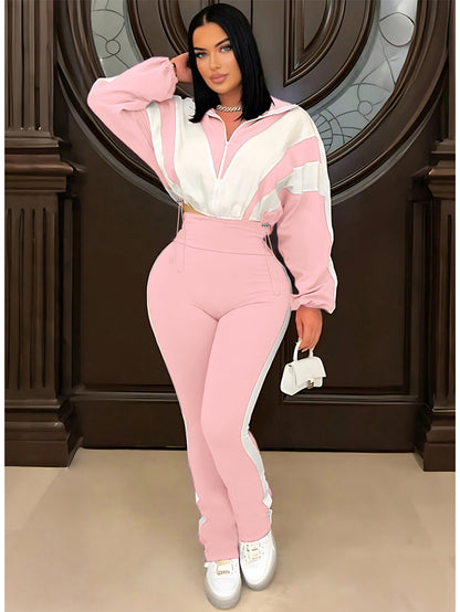 P391403 Contrast Color Stitching Sports Suit Women's Fashion Large Size Casual Pants + Cardigan Jacket Two-Piece Set