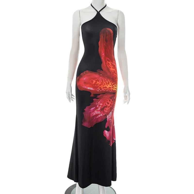 J25DS063 Europe and the United States cross-border women's spring and summer hanging neck tether big backless strapless flower printed umbrella skirt dress