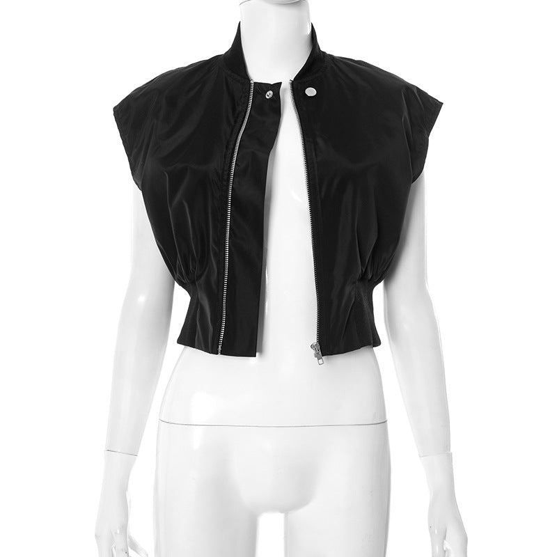D25TP117 European and American Cross-border Women's Spring and Summer Vertical Collar Cardigan Button Zipper Pleated Waist Solid Color Top T-shirt