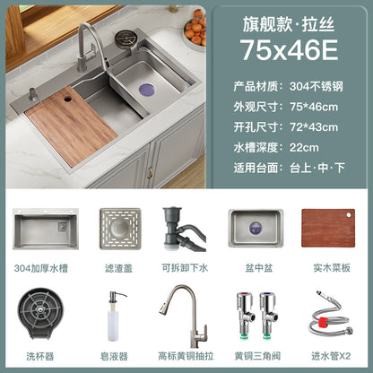Nano Gun Grey Sink Large Single Sink Kitchen 304 Stainless Steel Handmade Vegetable Washing Sink Sink Household