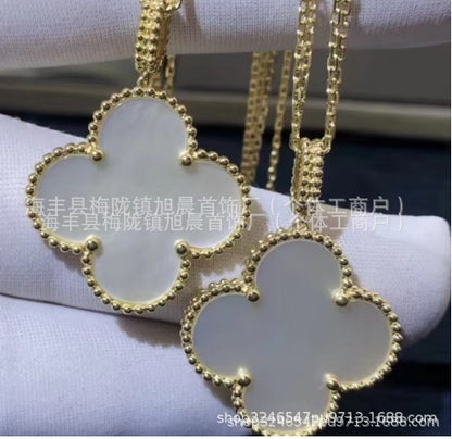 New Product 2024 Four-Leaf Clover Sweater Chain 18K Rose Gold Carnelian White Mother-Of-Pearl Pendant Clavicle Chain Couple Gift