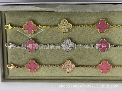 High Version V Gold Four-Leaf Clover Five-Flower Bracelet Cnc Women's Red Agate Purple Chalcedony White Mother-Of-Pearl Plated V Gold V Fashionable and Beautiful