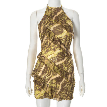 K24DS201 European and American Women's Summer New Color Printed Sleeveless Neck Tie Rope Large Backless Sexy dress