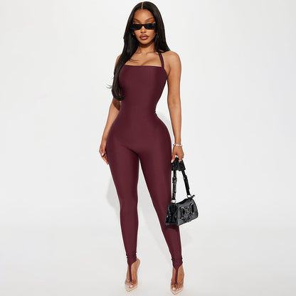 J25jp486 European and American Style Cross-Border Women's Clothing Spring and Summer Halter Strap Backless Solid Color Elastic Sheath Slip-on Jumpsuit