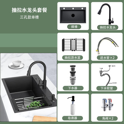 [Cross-border Direct Supply] Nano Black Stainless Steel Sink Large Single Sink Household Kitchen Sink Vegetable Sink suit