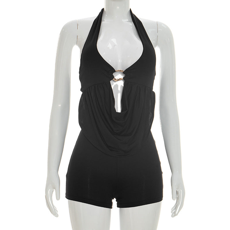 J26rp047 European and American Style Cross-Border Women's Clothing Spring and Summer Halter Strap Hollow Draped Stitching Sheath Short Jumpsuit