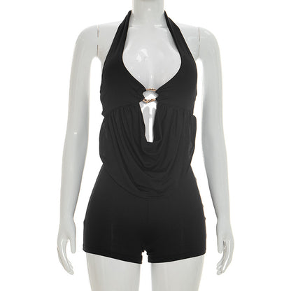 J26rp047 European and American Style Cross-Border Women's Clothing Spring and Summer Halter Strap Hollow Draped Stitching Sheath Short Jumpsuit