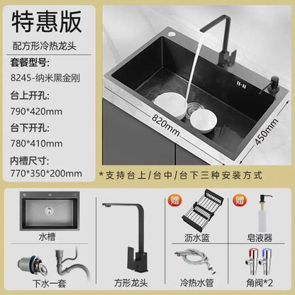 Black 304 Stainless Steel Sink 3mm Thickeneded Kitchen Sink Large Single Tank Household Above Counter Basin under Counter Dishwashing Basin
