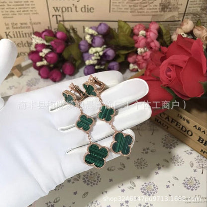 2024 New Four-Leaf Clover Three-Flower Plated 18K Gold Black Agate Red Chalcedony Long Earrings for Women Ins Earrings Anti-Over