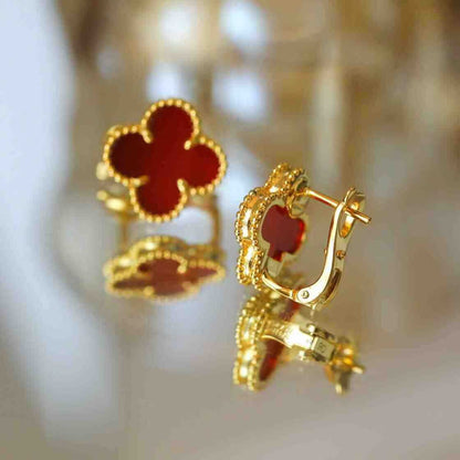 New V Gold High Version Four-Leaf Clover Earrings Thick Plated 18K Real Gold Clover White Mother-Of-Pearl Natural Carnelian Earrings