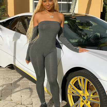 A20370J factory supply women's net color shoulder long sleeve hip toe casual fashion one-piece trousers women