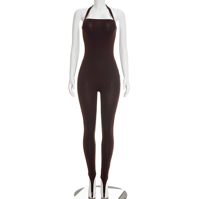J25jp486 European and American Style Cross-Border Women's Clothing Spring and Summer Halter Strap Backless Solid Color Elastic Sheath Slip-on Jumpsuit