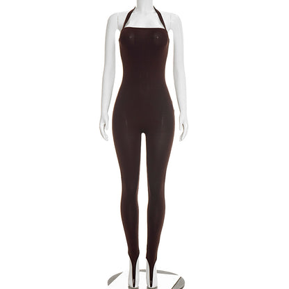 J25jp486 European and American Style Cross-Border Women's Clothing Spring and Summer Halter Strap Backless Solid Color Elastic Sheath Slip-on Jumpsuit