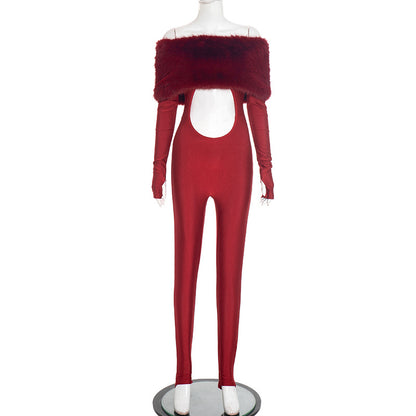 Q25Jp340 European and American Cross-Border Women's Autumn and Winter One-Line Collar Furry Off-Shoulder Splicing Cut Out Finger-Length Jumpsuit