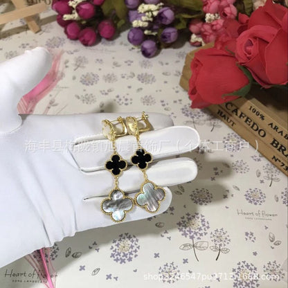 2024 New Four-Leaf Clover Three-Flower Plated 18K Gold Black Agate Red Chalcedony Long Earrings for Women Ins Earrings Anti-Over