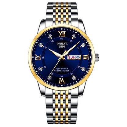 Men's solid band Double calendar Chinese and English luminous waterproof fashion fashion watch non-mechanical scanning needle watch