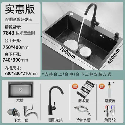 Black 304 Stainless Steel Sink 3mm Thickeneded Kitchen Sink Large Single Tank Household Above Counter Basin under Counter Dishwashing Basin