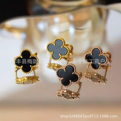 High Version V Gold Plated 18K Clover Ear Racket V Female High-Grade Light Luxury Earrings Lucky Grass Ear Racket V Fashion Beautiful