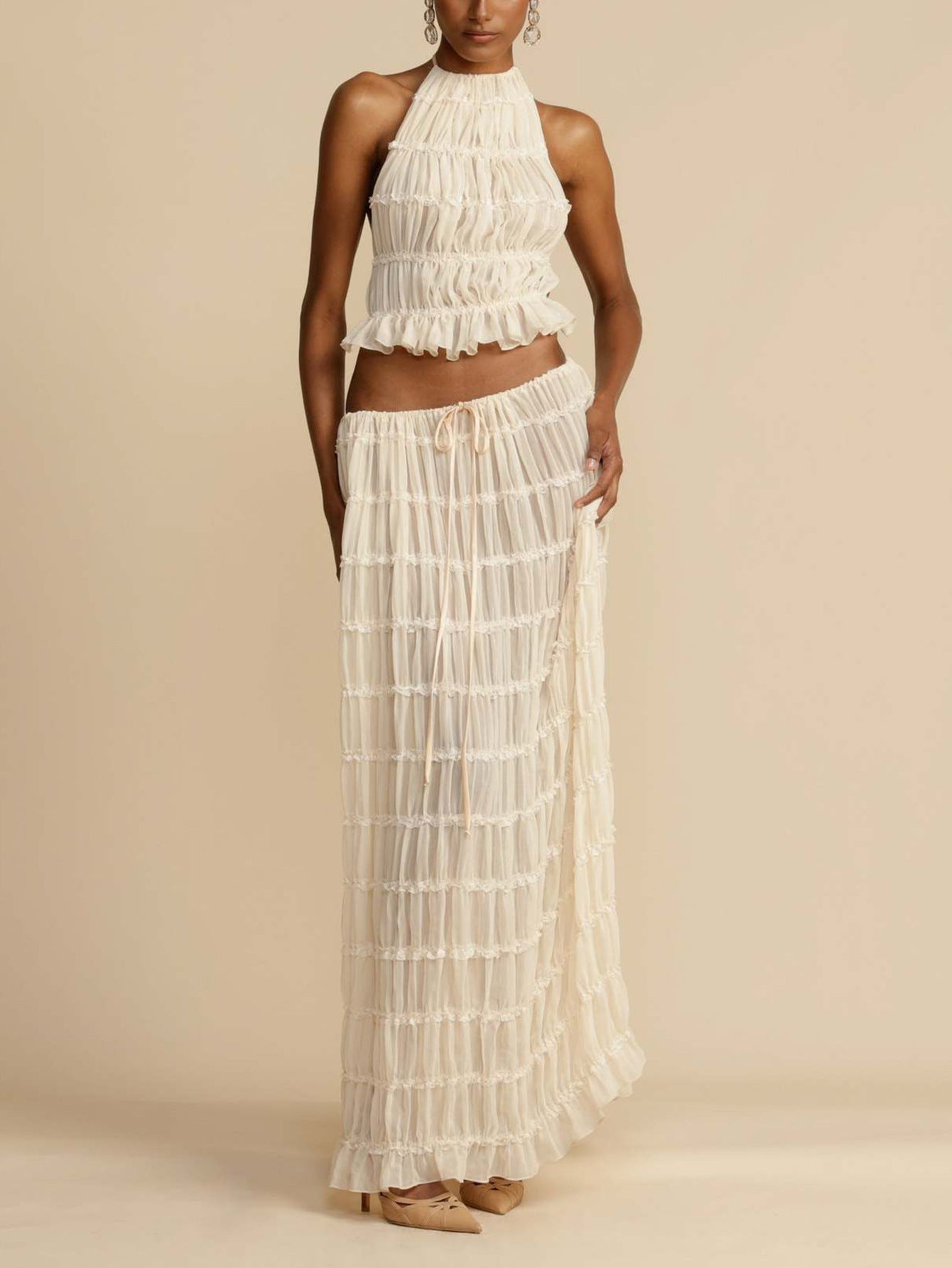 S391524 Spring and Summer Holiday Style Halter Suit Women's Pure Desire to Pleated Sling Top + Half-Length Dress Two-Piece Suit