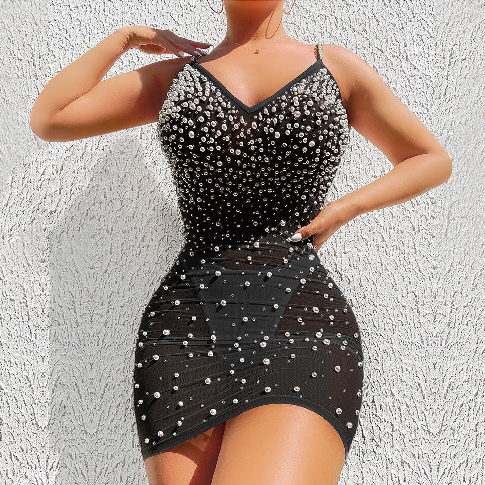 S390355 Cross-Border Amazon Ebay Women's Elegant and Sexy Mesh See-Through Backless Suspender Beaded Dress