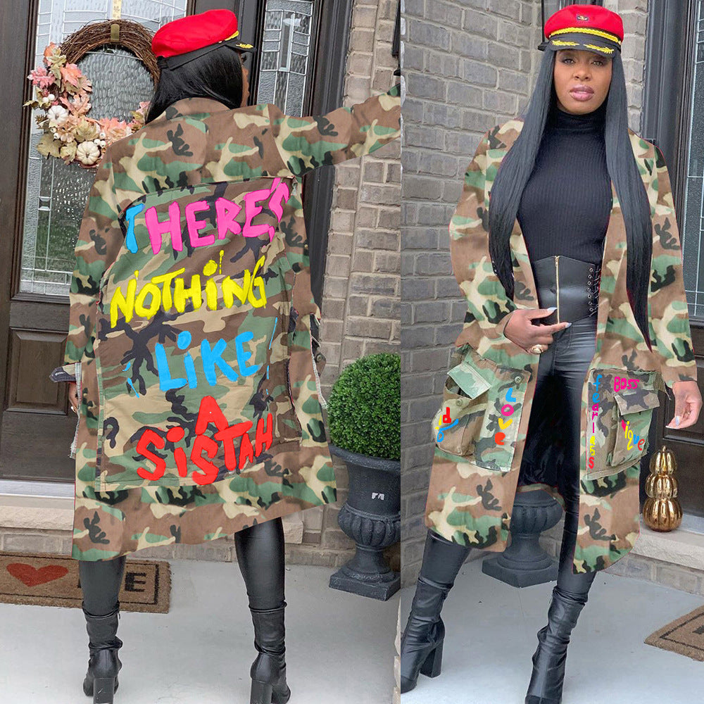 S3726 European and American Women's Long Casual Fashion European and American Camouflage Print Patch Jacket for Women