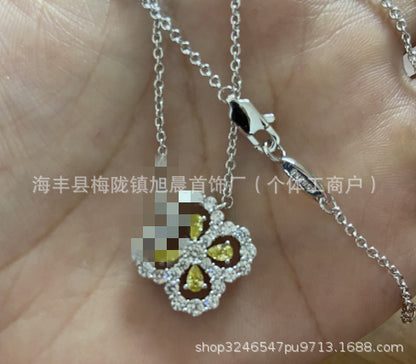 V Gold High Version Hw Harey Four-Leaf Clover Necklace Women's Accessible Luxury Silver Loop Flower Full Diamond Sapphire Clavicle Chain