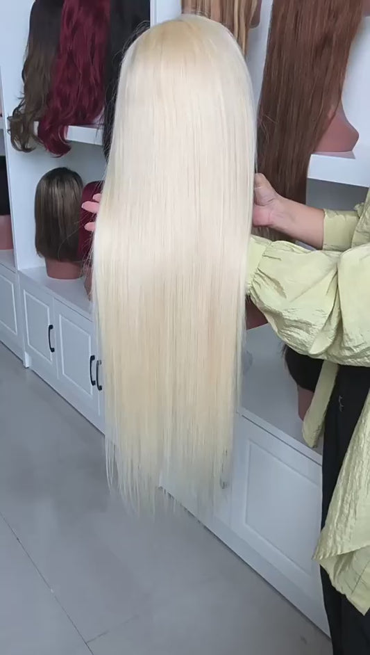 Foreign trade wigs European and American style 13 4 hand knitted front lace human hair wigs 613 center parted long straight hair factory direct sales