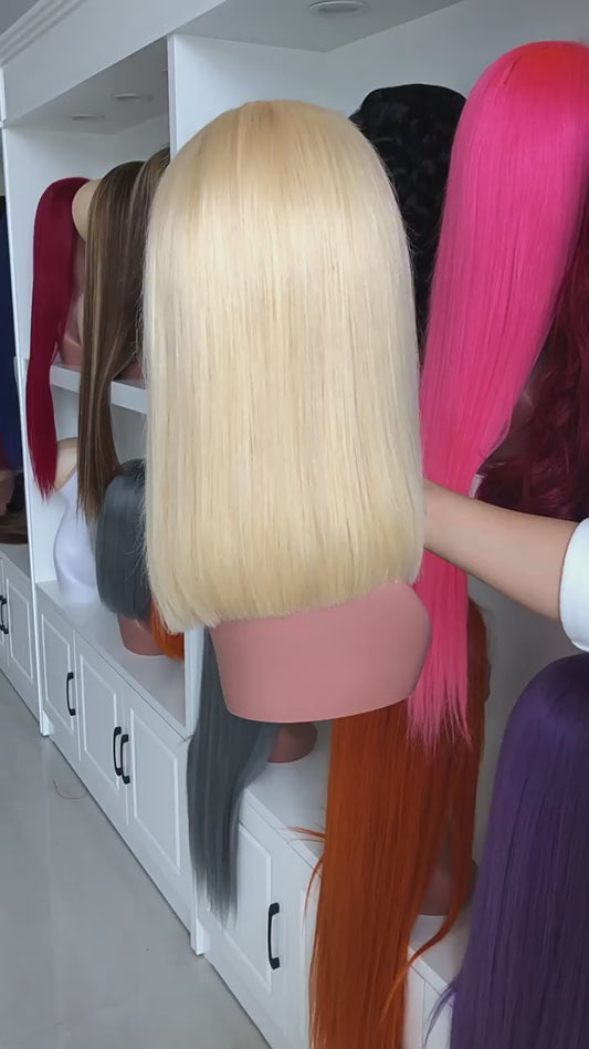 613 Blonde wig Human Hair Bob Lace Frontal Wig Short straight platinum blonde